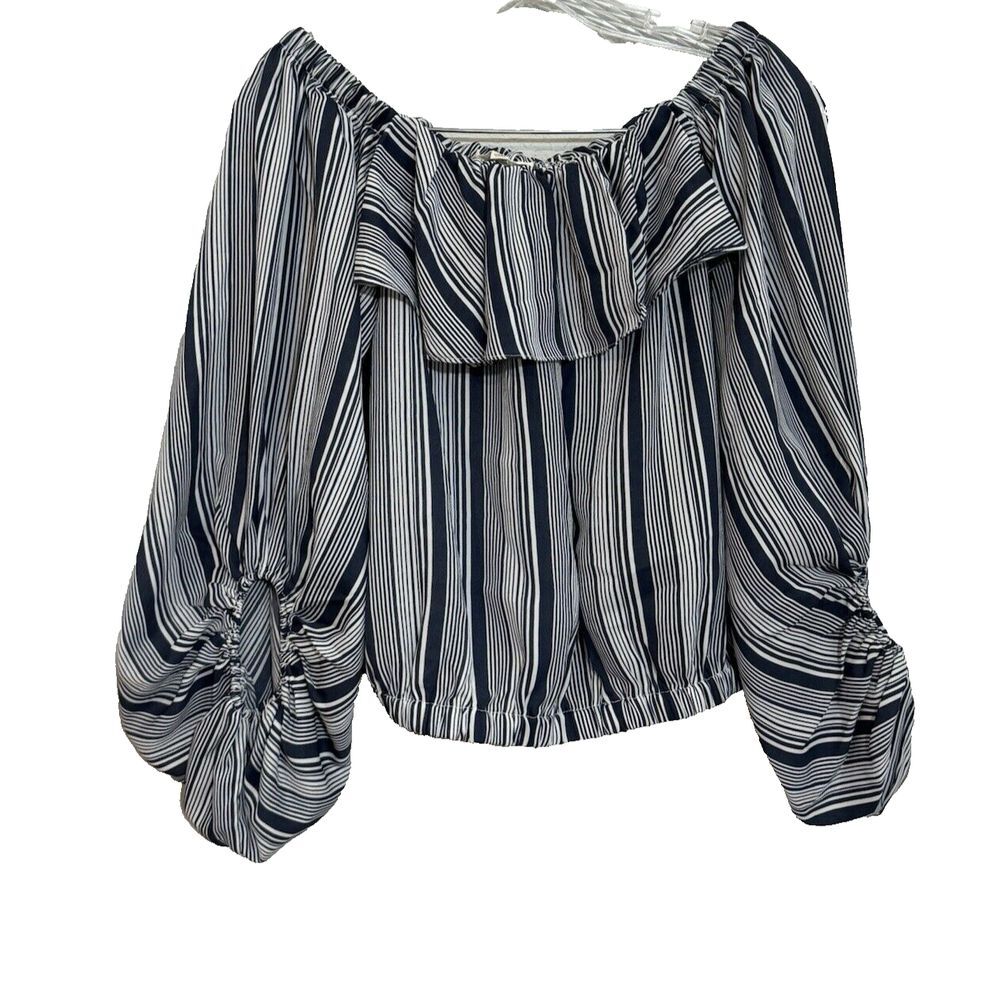 ee:some Boutique Off the Shoulder  Blue and White‎ Striped Top Size M Ruffle